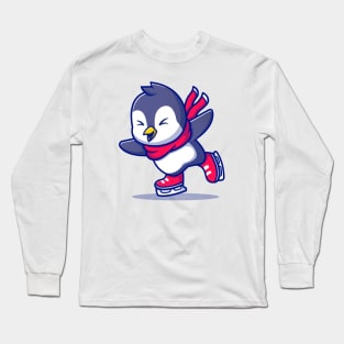 Cute Penguin Ice skating With Scarf Cartoon Long Sleeve T-Shirt